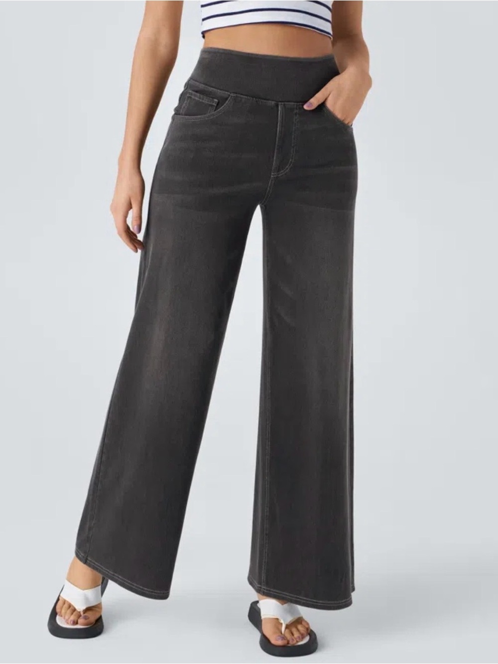Halara Flex High Waisted Pockets Baggy Wide Leg Washed Casual Jeans Size XL/tall